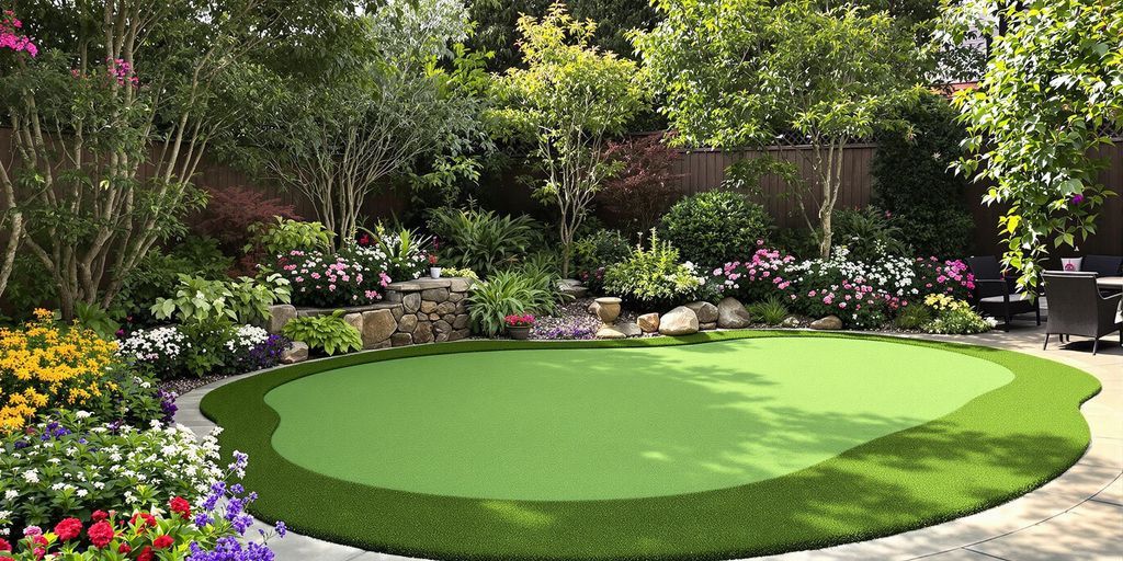 A serene backyard putting green surrounded by vibrant flowers and trees, showcasing a well-maintained lawn care service.