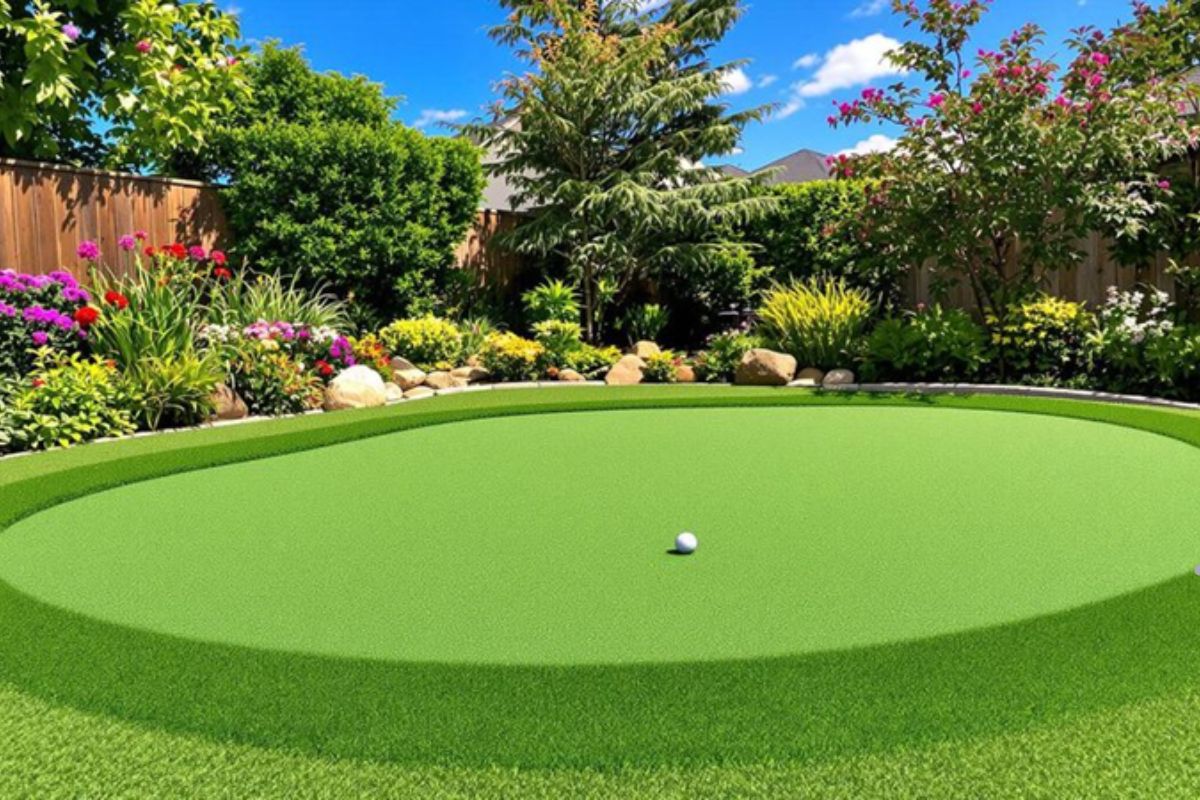 A serene backyard putting green surrounded by vibrant flowers and trees, showcasing professional lawn care services.