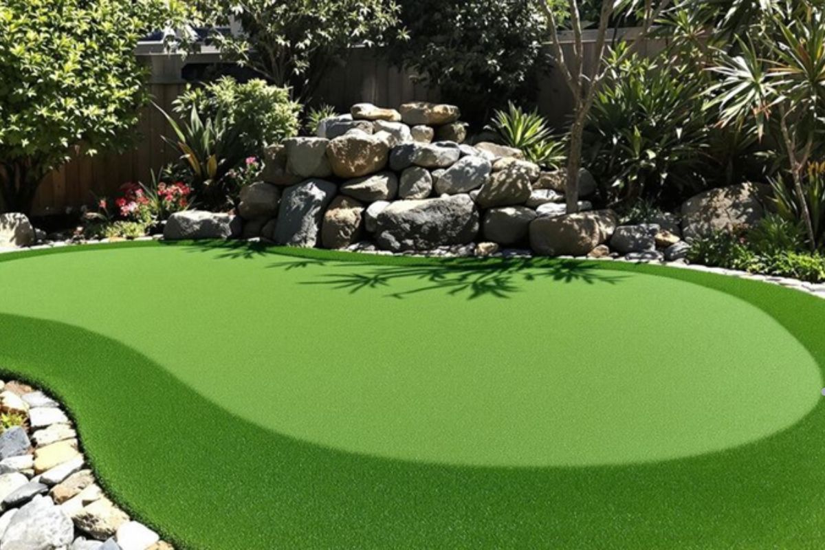 A backyard putting green surrounded by rocks and plants, showcasing preparation for artificial turf installation.